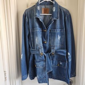 Distressed Blue Denim Jean Jacket Belted Long Sleeve Size XL Brass Buttons